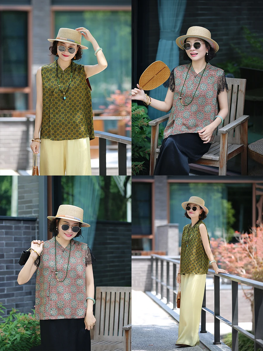

Summer New Chinese Sle Luxury Silk Yuzhen Eight Direction Pattern Svel Loose Side Buttoned Vest Fraant Cloud Silk Vest
