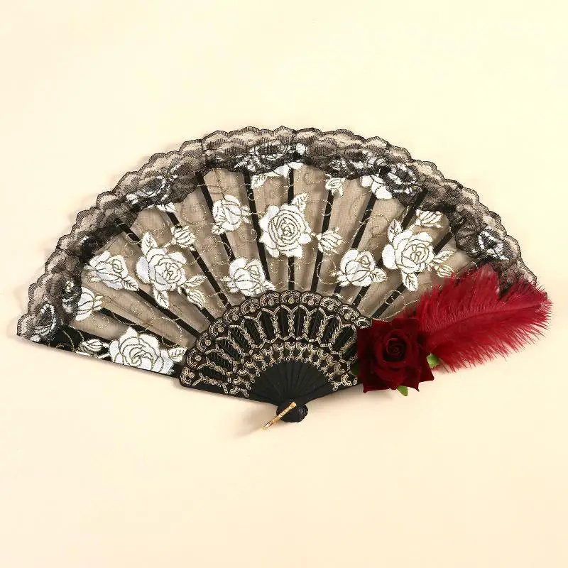 Lolita Gothic Fan Viktorianische weibliche Spitze Handfächer Vintage Schwarz Weiß Rot Rose Bambus Fans Cosplay Halloween Party Supplies