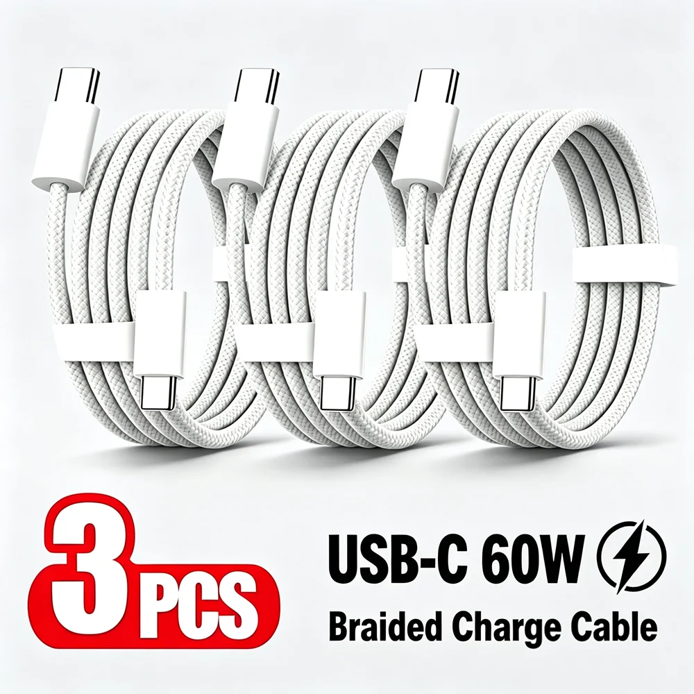 3PCS 60W Dual USB-C Fast Charge Braided Cable For iPhone Duo 18 17 16 15 Pro Max Samsung Xiaomi POCO Type C to Type C Data Cable