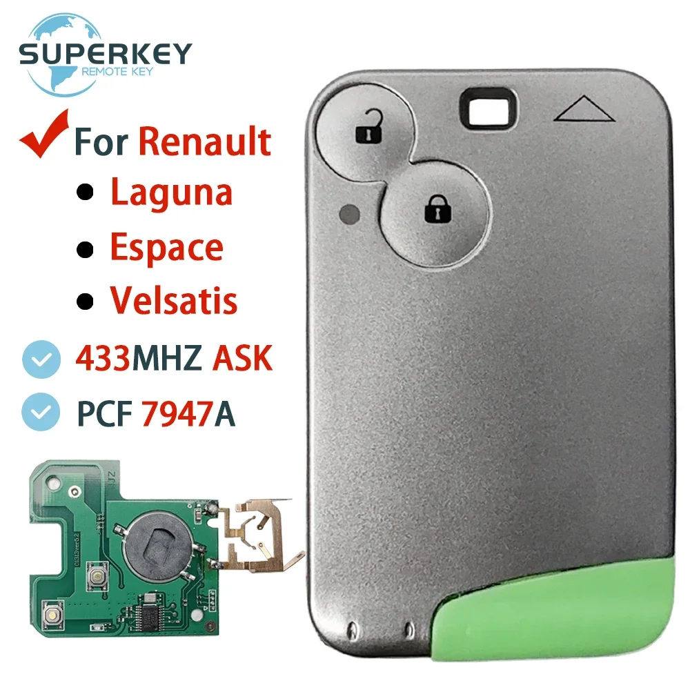 For Renault Laguna Espace Velsatis 2001-2006 PCF7947 ID46 433Mhz ASK 2 Buttons Ultrasonic welding Smart Remote Card Key