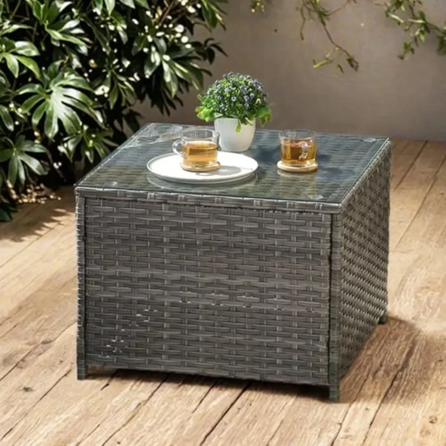 Outdoor Side Table with Tempered Glass Top, Patio Wicker Coffee Table, Rattan Bistro End Table for Porch Deck Balcony Garden Po