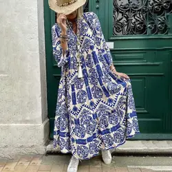 Spring Summer Women Dress V Neck Floral Print Loose A-line Big Swing Long Sleeves Bohemian Ethnic Plus Size Beach Maxi Dress