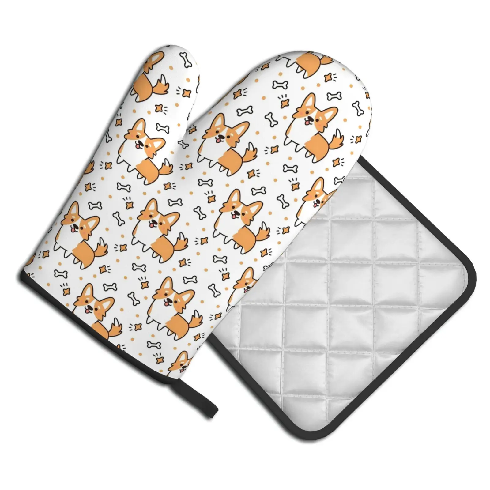 Kawaii Corgi Heat Resistant Oven Mitts and Pot Holders Sets Non Slip Thick Kitchen Microwave Gloves for Cooking Baking Grilling