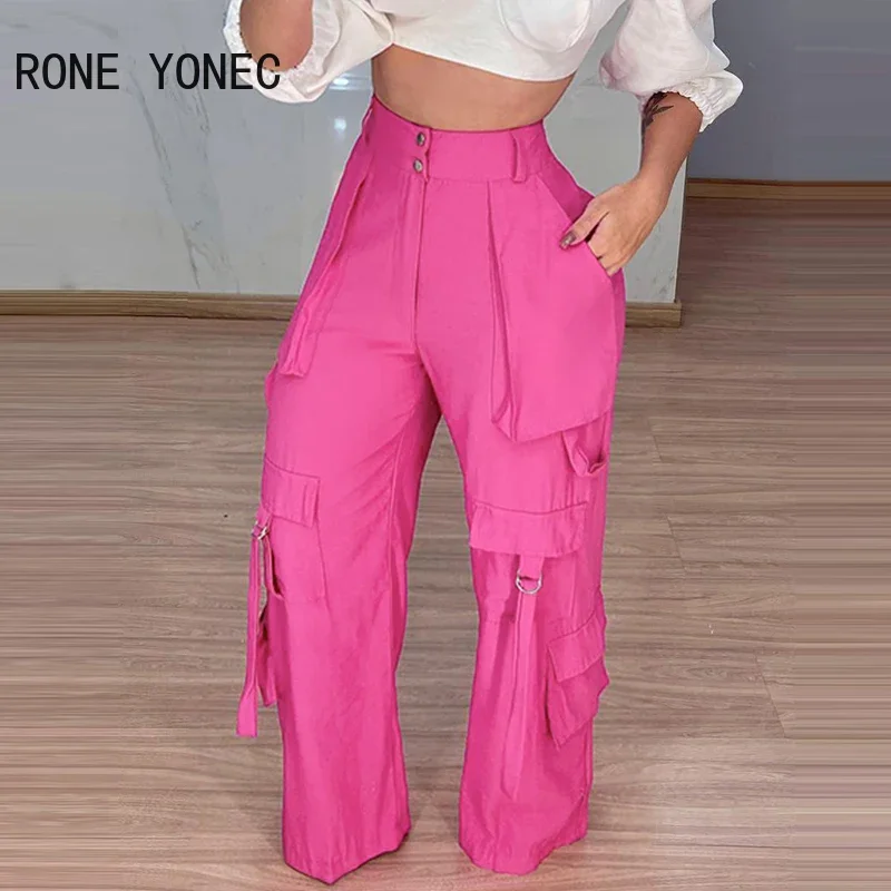 Women Elegant Solid Multi-Pockets Bandage High Waist Straight Leg Cargo Pants