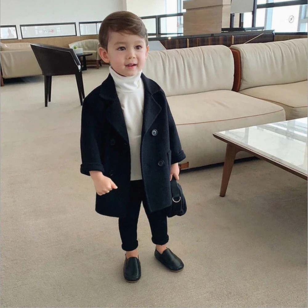 2-6-year-old Children\'s Korean Autumn and Winter Coat Wool Jacket Long Double Breasted Warm Flip Collar Pocket Jacket