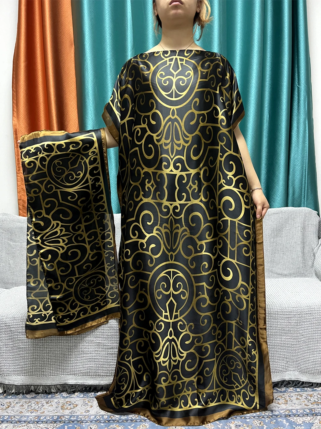 Muslim Summer Silk Abayas For Women 2024 Printed Boubou Maxi Loose Femme Robe Dubai African Islam Party Dresses With Headscarf