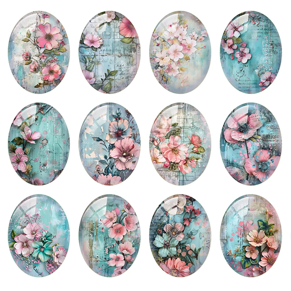 

Random Mixed Round/Oval/Square Blue Pink Flower Plants Photo Glass Cabochon Flatback Demo Cameo For Diy Jewelry Making
