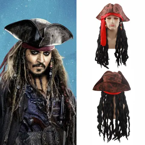 Pirate Captain Hook Curly Wig with Hat Set Caribbean Cosplay Costume Accessory for Adult Halloween Party
