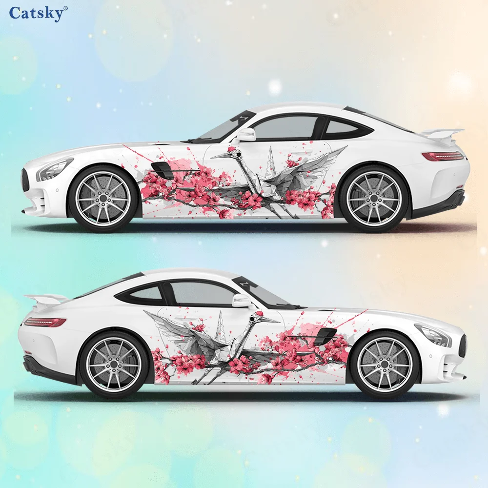 Skull crane paper sticker in pink flower branch, suitable for cars and trucks, durable, fade-resistant, easy to install and remo