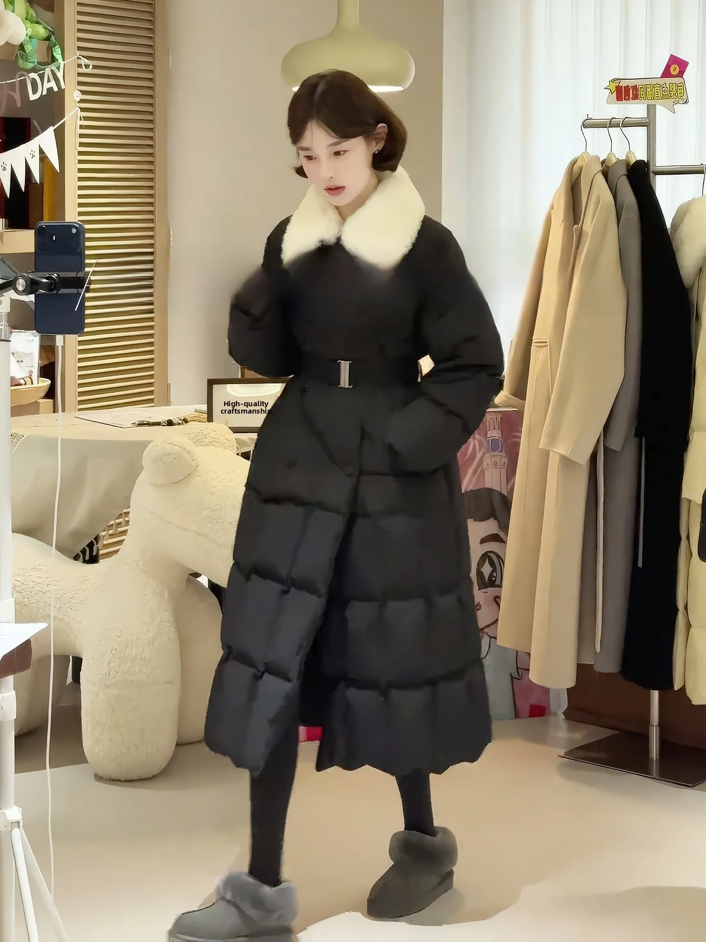 

Пуховик Ele Bla средней длины для женщин, белый, с наполнителем из перьев, с поясом и меховым воротником, роскошное зимнее пальто