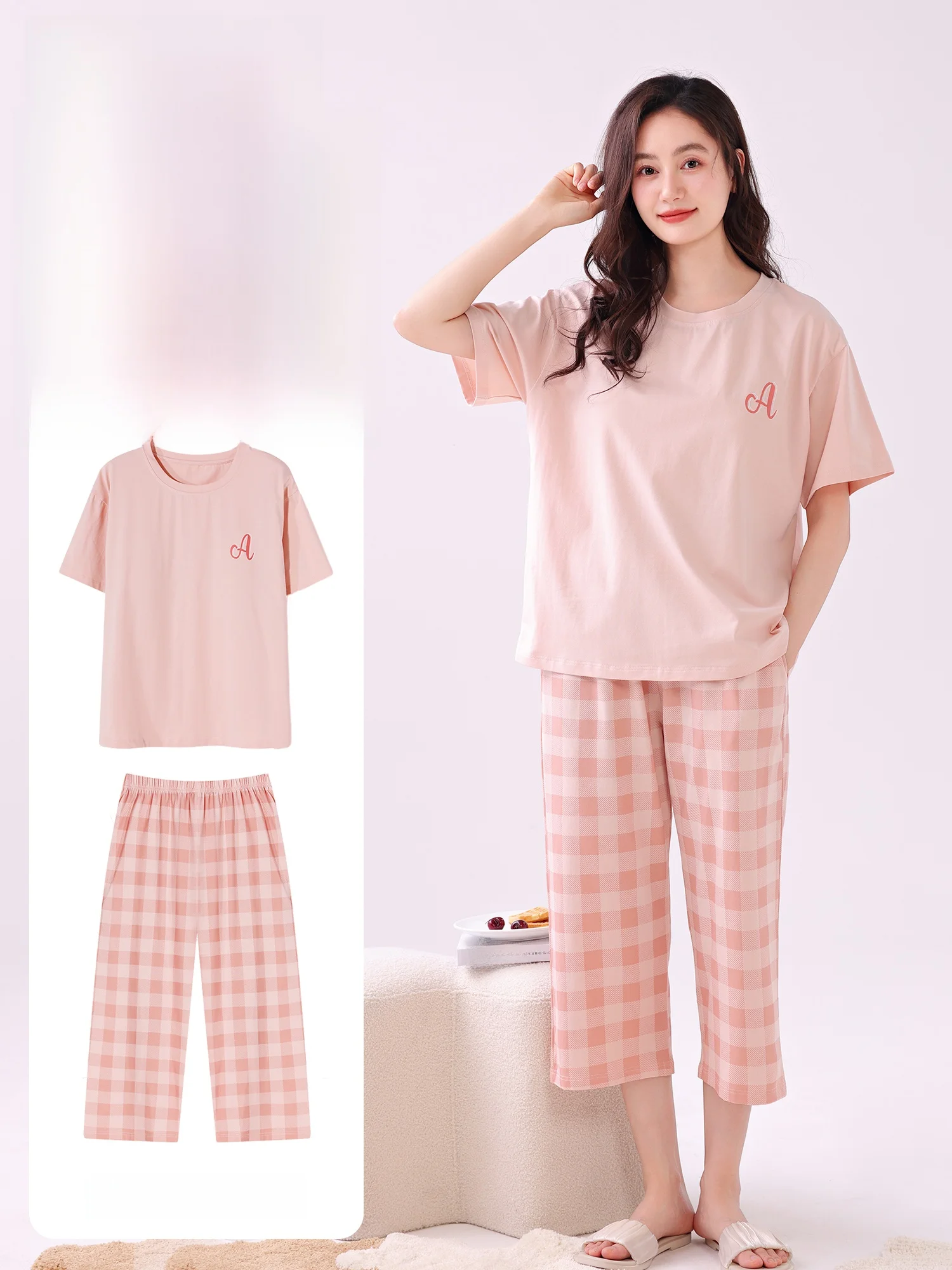 ladies-cotton-sleepwear-short-sleeve-seven-foot-pants-home-clothes-set-thin-summer-style-casual-comfortable-breathable