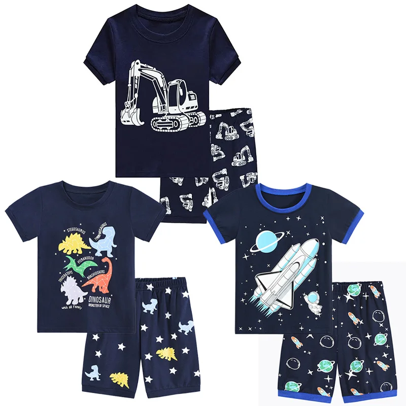 Little Hand Toddler Cotton Sleepwear Glow In The Dark Short Sleeve Set Boys Space Vehicle Pattern 2 Piece Home Outfit for 2-7T