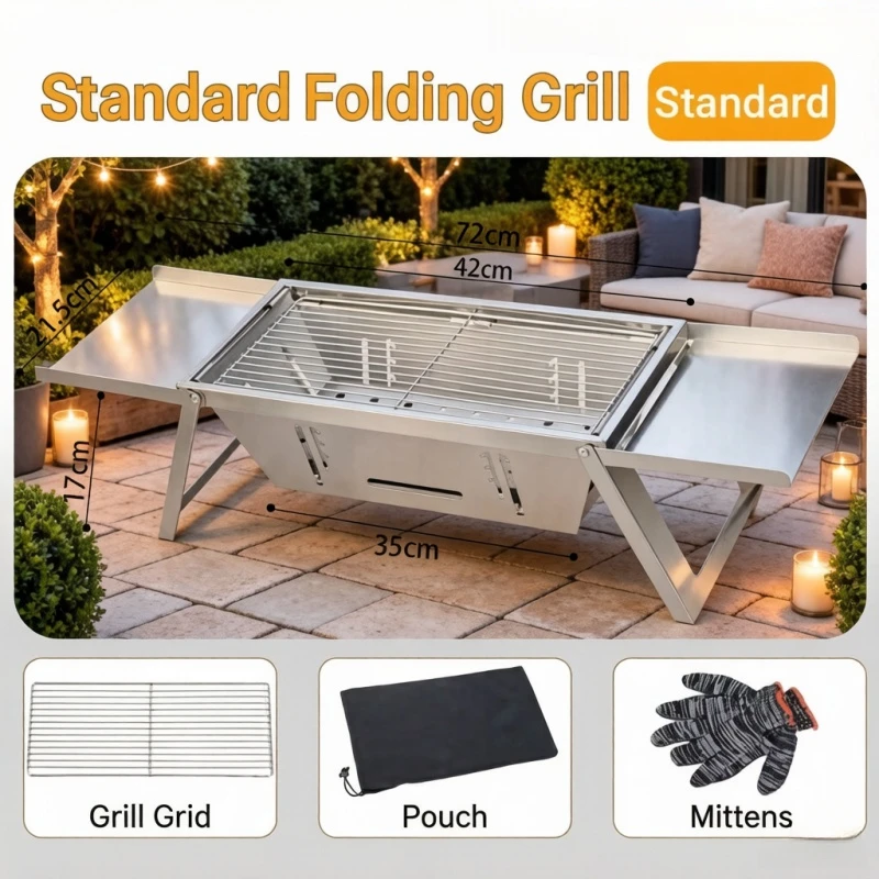 Stainless Steel Folding Charcoal BBQ Stove, Compact Small Barbecue Rack, Portable Grill for Household Outdoor Camping & Skewer