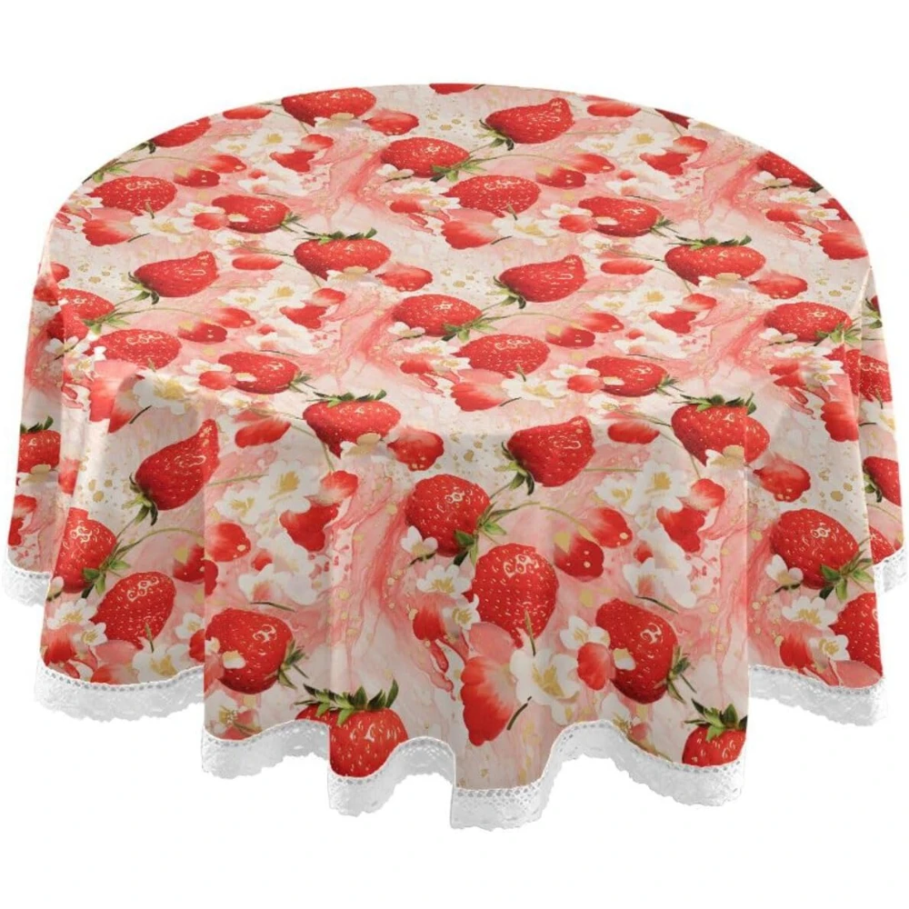 Mantel redondo de fresas sobre fondo de mármol rosa, cubierta de mesa de encaje, mantel lavable para el hogar, cocina, comedor