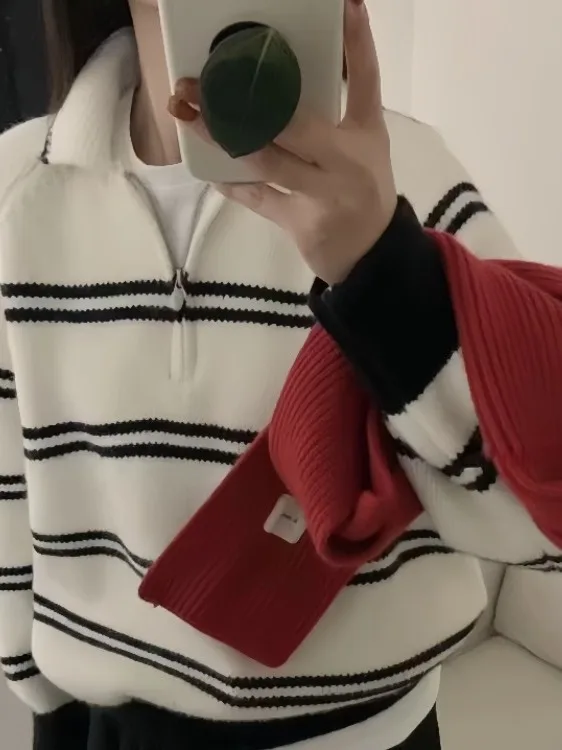 Koreanische Sle Kragen Gestreiften Pullover frauen Herbst Winter Lose Fit f Zip Weiche Gestrickte Top Jugendliche Lange Sve