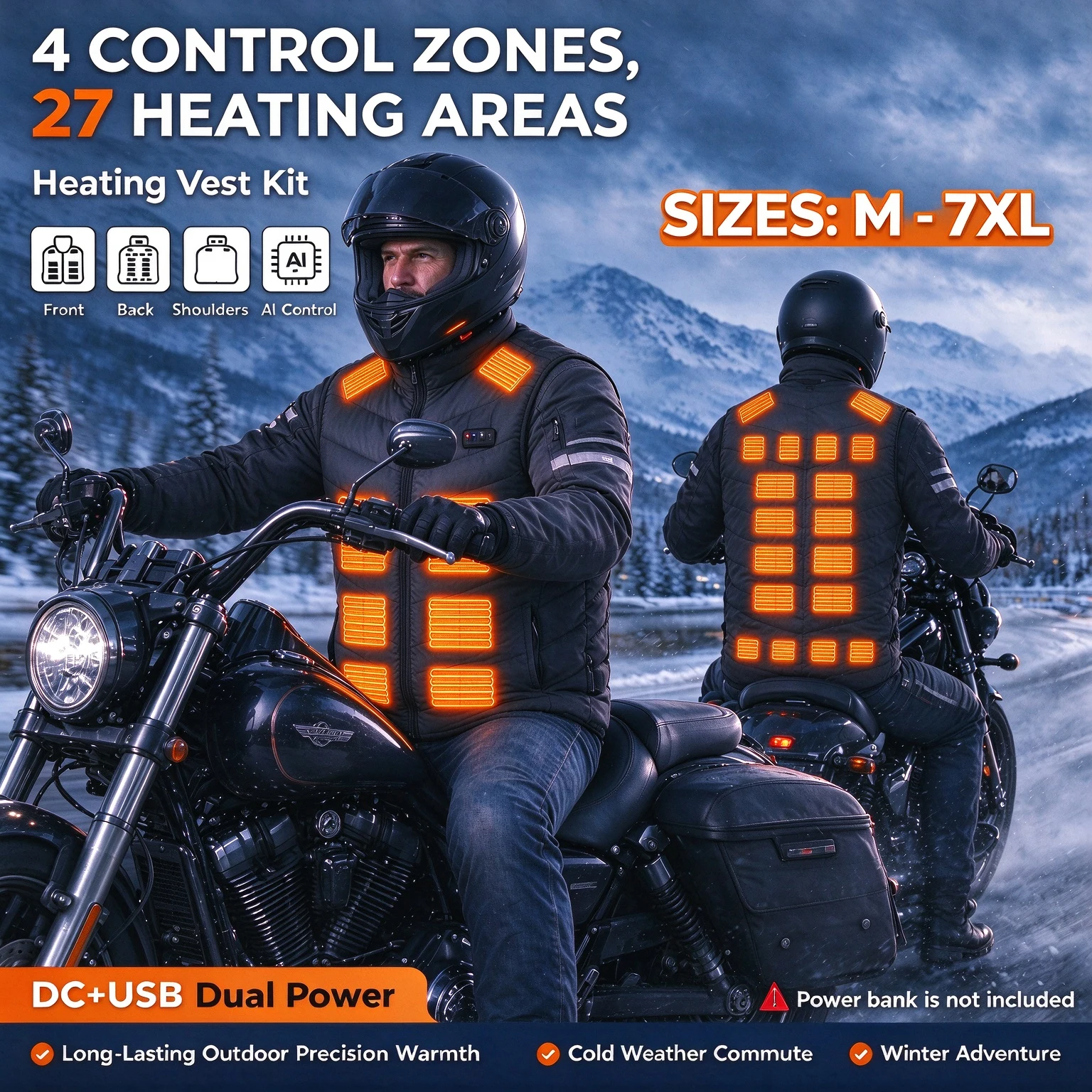 Motorcycle Jacket Thermal Liner - バイク用ヒートベスト、USB接続式電気ヒーター内蔵ベスト、男性用、27箇所にヒーターを配置、4つの独立したゾーン、冬用、スキー用、アウトドア用、防寒ジャケット、M～7XL