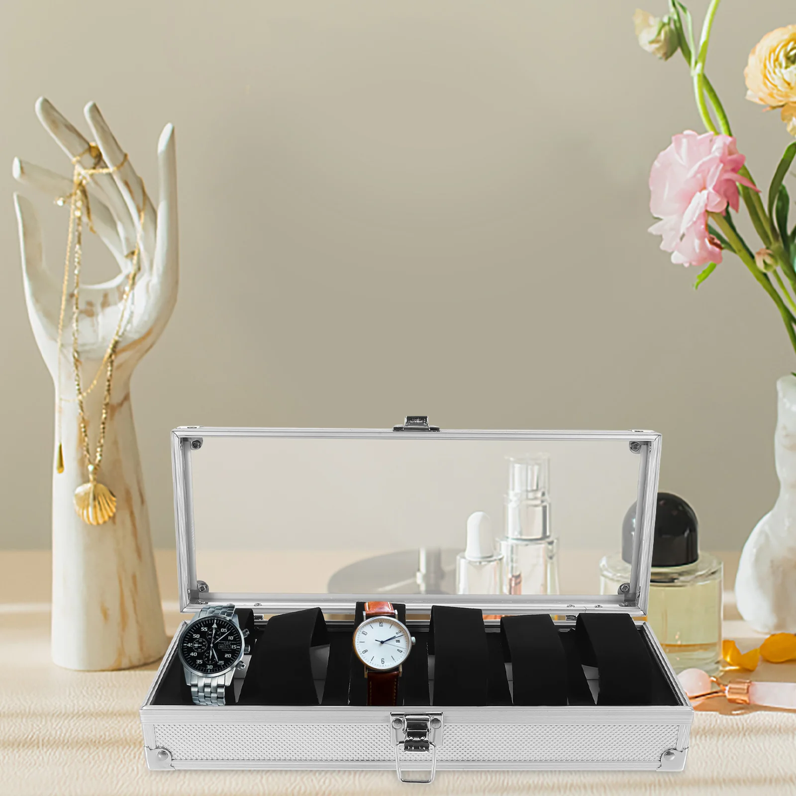 

6 Slots Aluminium Alloy Watch Display Box Transparent Window Portable Storage Organizer Case Jewelry Holder for Home Store