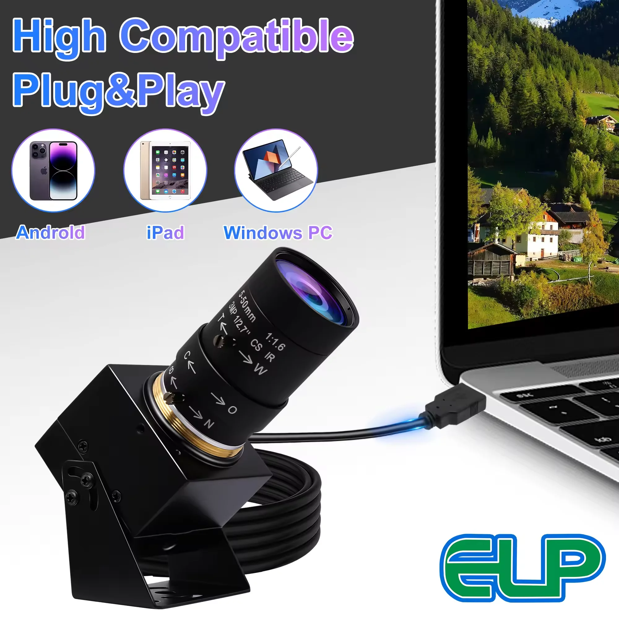 ELP 5MP 30fps Manual Zoom UVC Webcam 2592x1944 High-Performance USB2.0 Security Camera for Industrial Vision, PC & Laptops