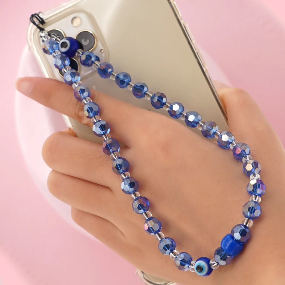 

Go2Boho Phone Case Chain Strap Mobile Lanyard Charm Eye Chain Transparent Blue Color Crystal Beaded Telephone Jewelry