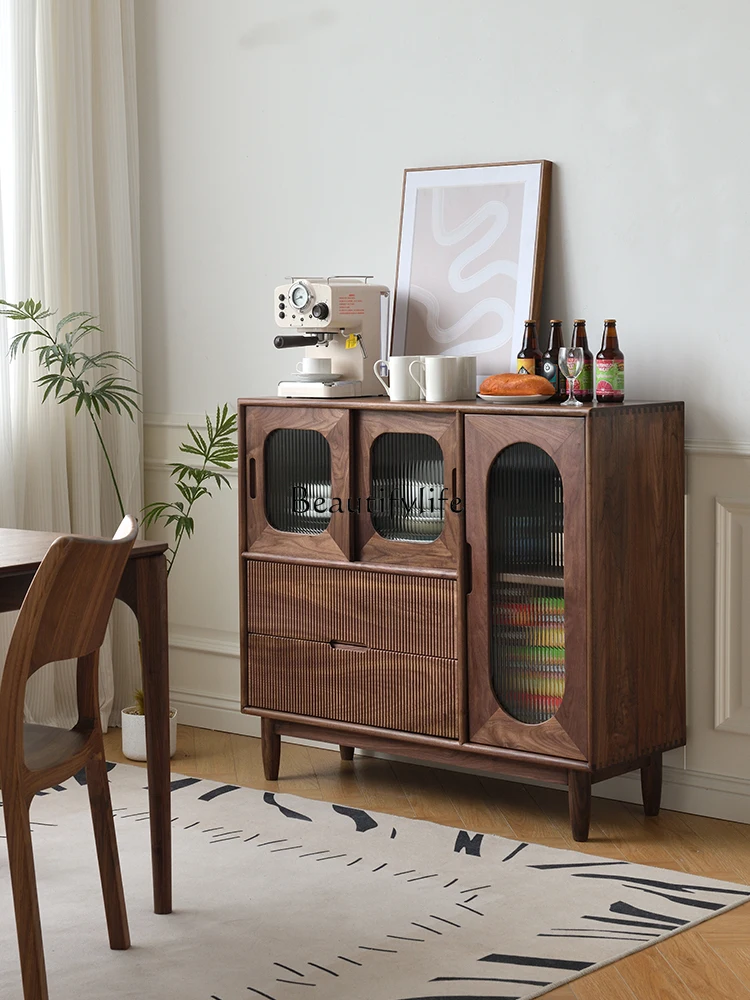 

North America Black Walnut Wood Sideboard Cabinet Vintage Solid Wood Nordic Locker Changhong Glass