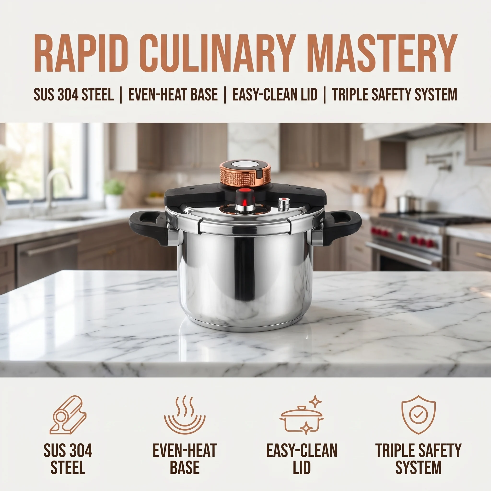 304 Stainless Steel Pressure Cooker Stovetop Safe Lock System Fast Cooking Pot Induction & Gas Compatible 4L/8L/11L
