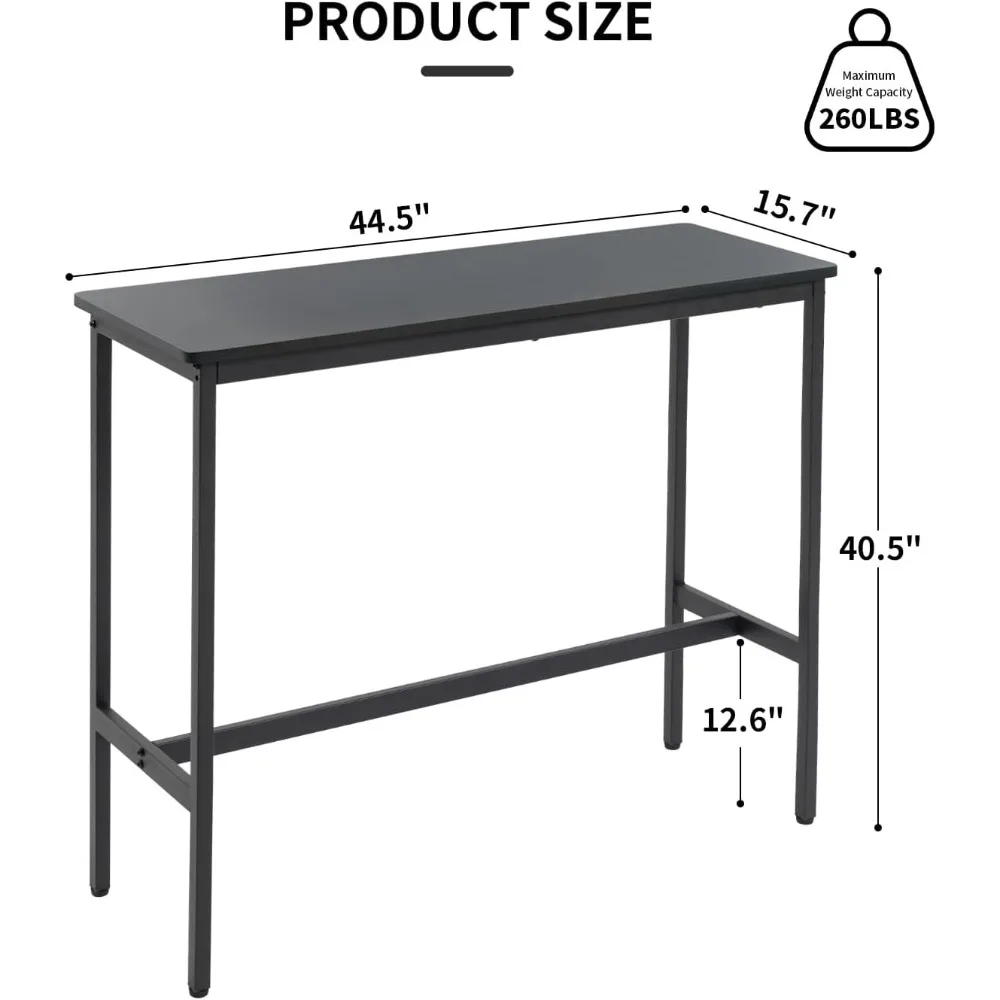 44.5 Sofa Table, Bar Height Pub Table, Narrow Entryway Table, Narrow Rectangular High Top Console Table with MDF and Black Metal