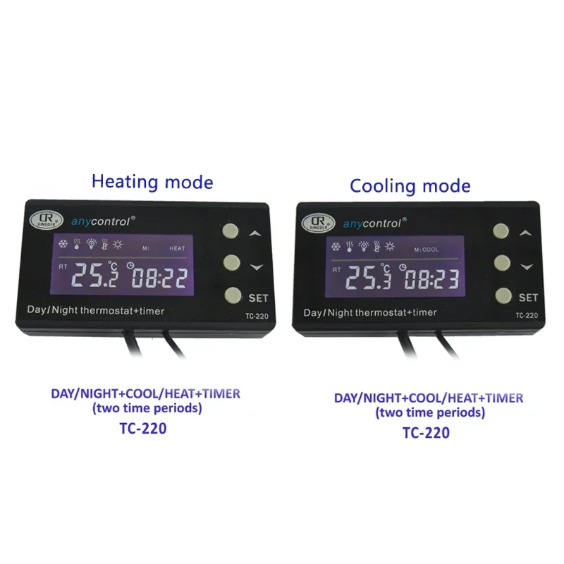 TC-220 0-50C يوم/ليلاً ON OFF ترموستات الزواحف الرقمي مع منظم مؤقت وحدة تحكم في درجة الحرارة البرمائية الحيوانية