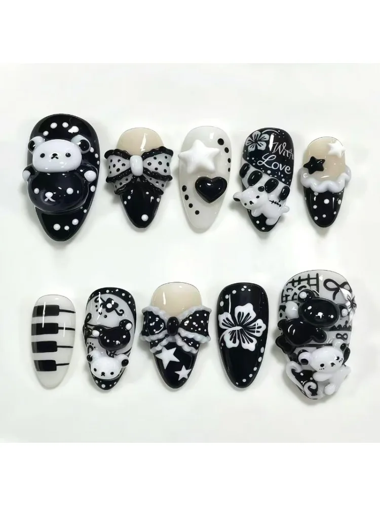 24PCS Sweet Cool Short Almond Press on Nails Black White 3D Cartoon Bear Bowknot False Nails Piano Star Heart Cute Nail Tips Art
