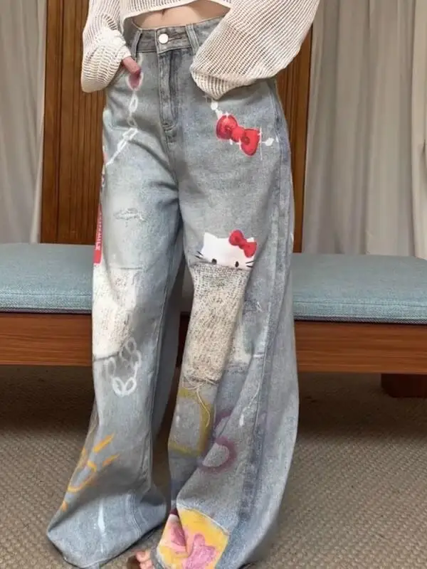 Hot Hello Kittys Jeans Cartoon Wide Leg Pants Version Streetwear Jean Women Fashion Vintage Loose Y2K Straight Trousers Gift