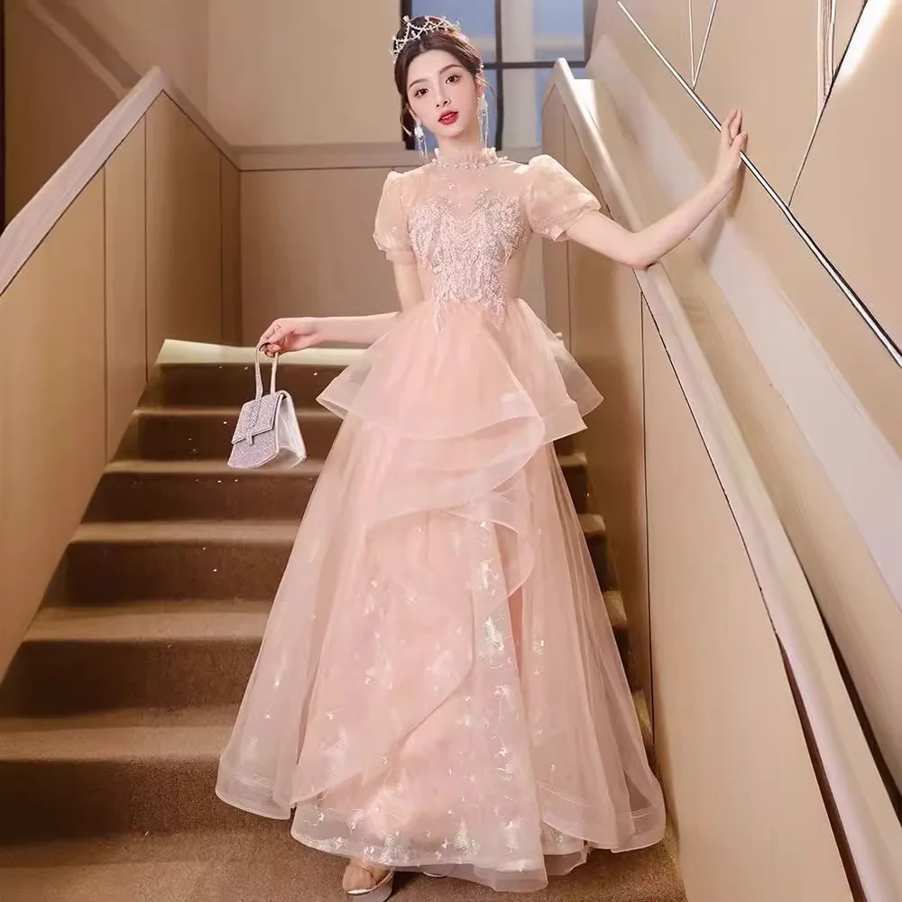 Pink High Collar Evening Dress Elegant Applique Shiny  Butterfly Printing Quinceanera Dresses Sweet Princess Cake Puffy Dresses