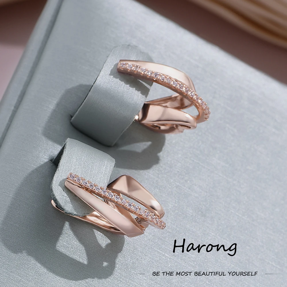 Harong Minimalist Geometric Rose Gold Color Earrings Luxury Copper Hypoallergenic Crystal Ear Rings Feminine Jewelry for Women