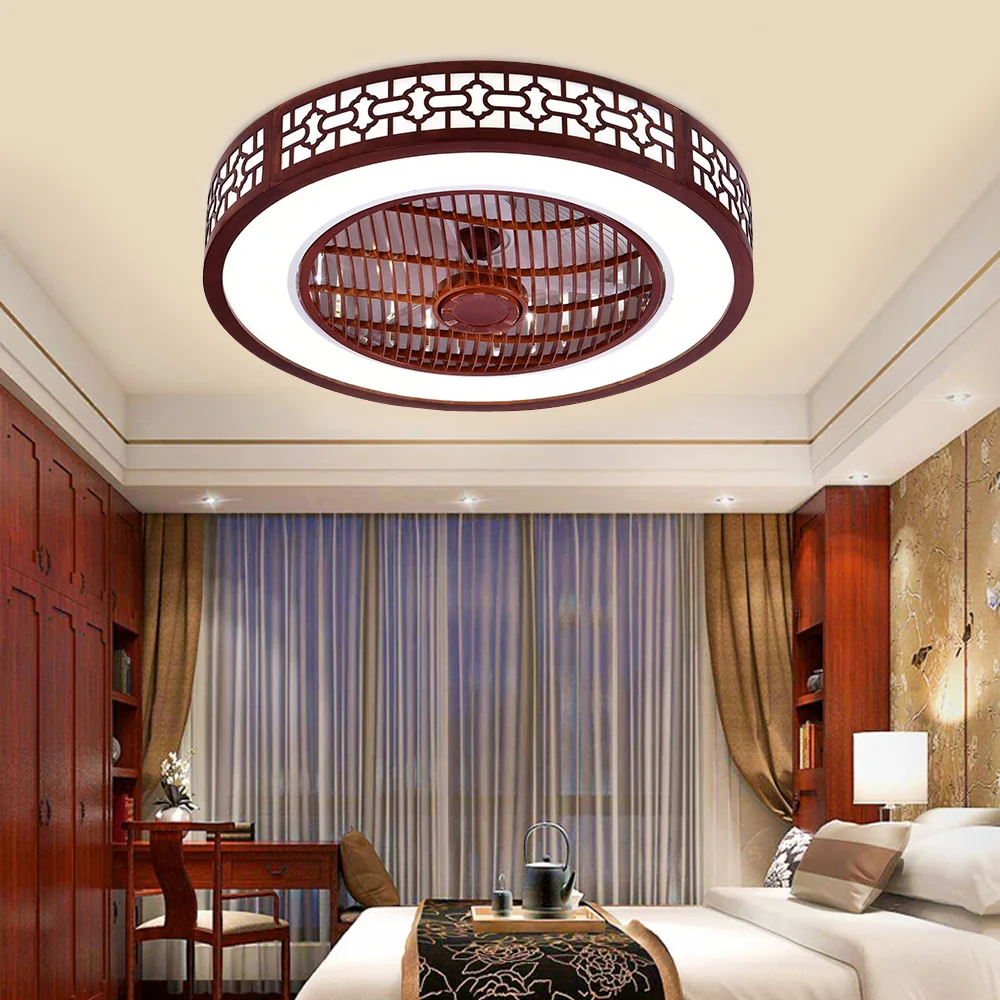 22 Inches Brown Red Ceiling Fan with Light Remote Control 2-Color Lighting Modes LED Ceiling Chandelier Solid Wood Low Profile