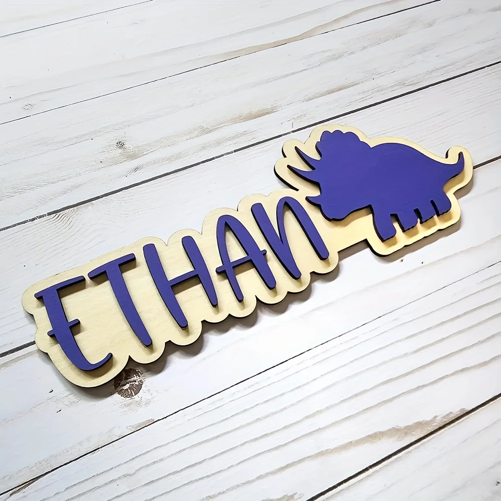 Customized wooden color double-layer personalized name, door sign identification, bedroom door decoration, wall dinosaur theme d