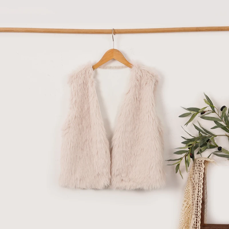 سترة نسائية من الفرو الصناعي الصناعي ملابس خارجية متينة ملابس خروج عصرية باللون البني بدون أكمام ورقبة على شكل حرف v صدرية منفوشة #4