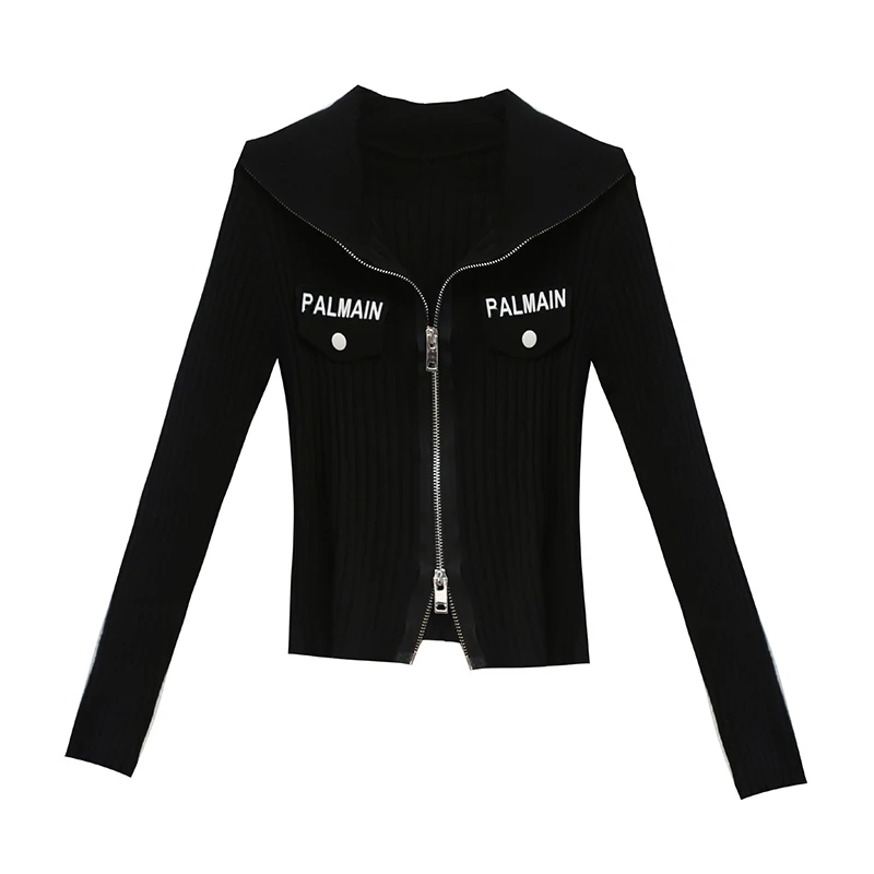 MadBlack European Clothes Jacket Women Turn Down Collar Zipper Slim Knit Crop Top Casual Long Sleeve Coat Autumn Winter T38715JM