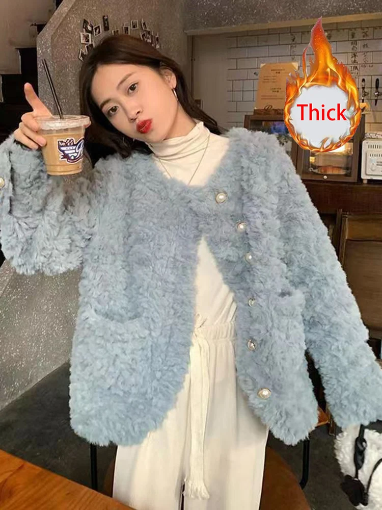 

Women Sweet Cute Faux Lamb Coat Winter Warm Thick Slim Long Sleeve Vintage Jacket Korean O Neck Elegant Pearls Buttons Tops New