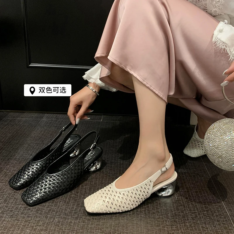 2026 new summer women sandals natural leather 22-25cm cowhide+weave fabric+sheepskin back-buckle high heel women shoes fashion