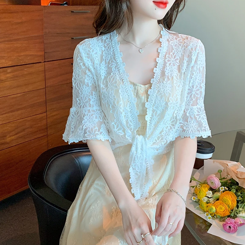 #3511 Black White Beige Wrap Lace Kimono Jacket Women Thin Lace Sunscreen Coat Ladies Half Sleeve Cardigan Outerwear See Through