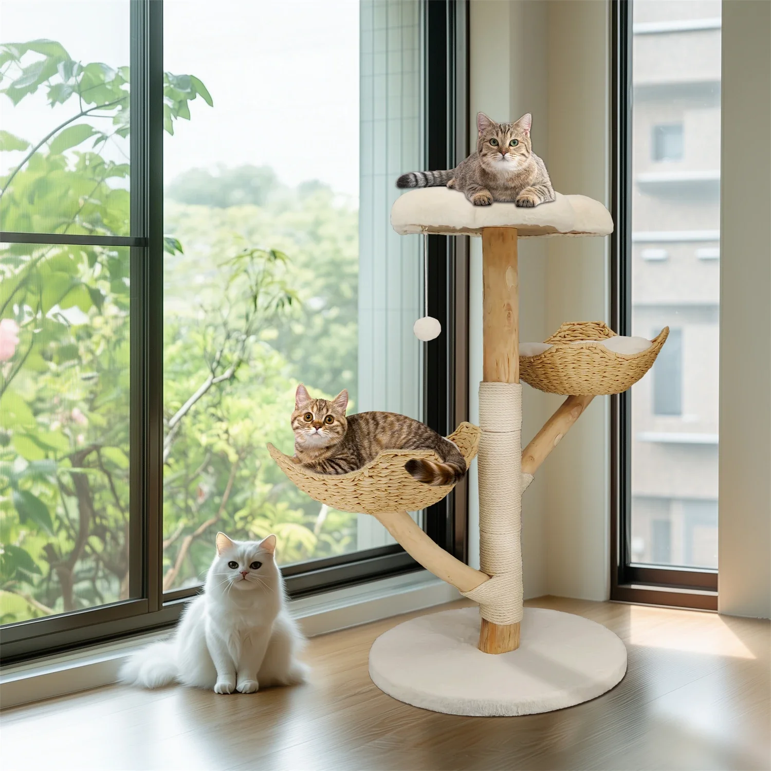 Modern Cat Tree Activity Tower with Plush Cushion and Toy Ball Sisal Scratching Post Kitten Play House for Indoor