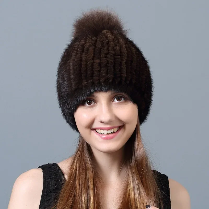 Mink Hair Woven Fur Hat Women's Winter Warm Fox Ball Hat Elastic Ear Protection Hat