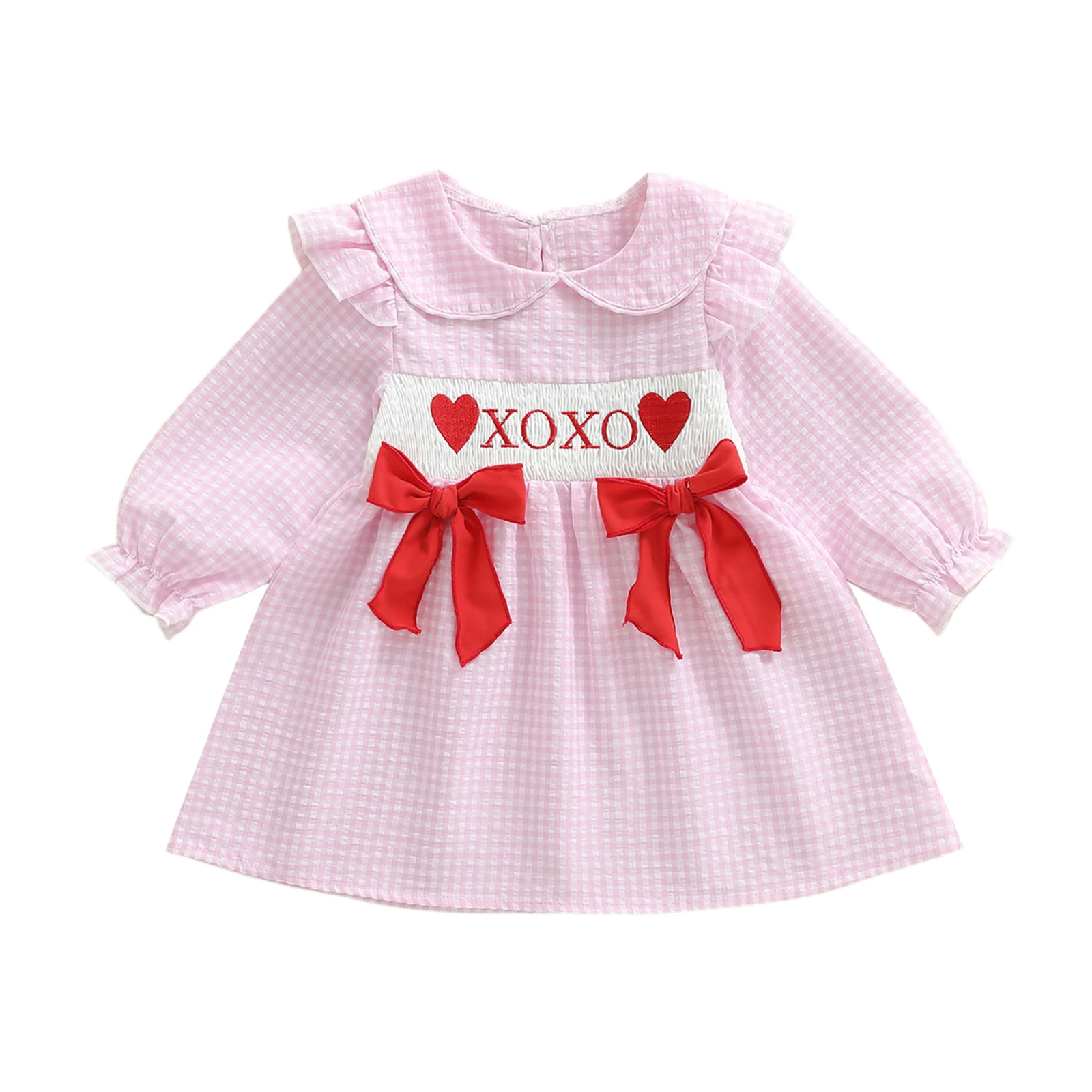 

Toddler Girl Valentine’s Day Dress Long Sleeve Doll Collar Letter Embroidery Dress Cute A-Line Dress
