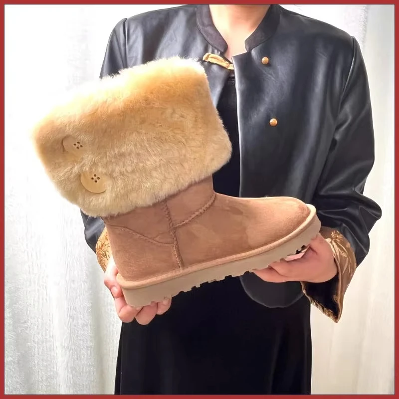 Mid height women's buckle snow boots with sheep fur integrated material, winter fashionable and warm snow boots