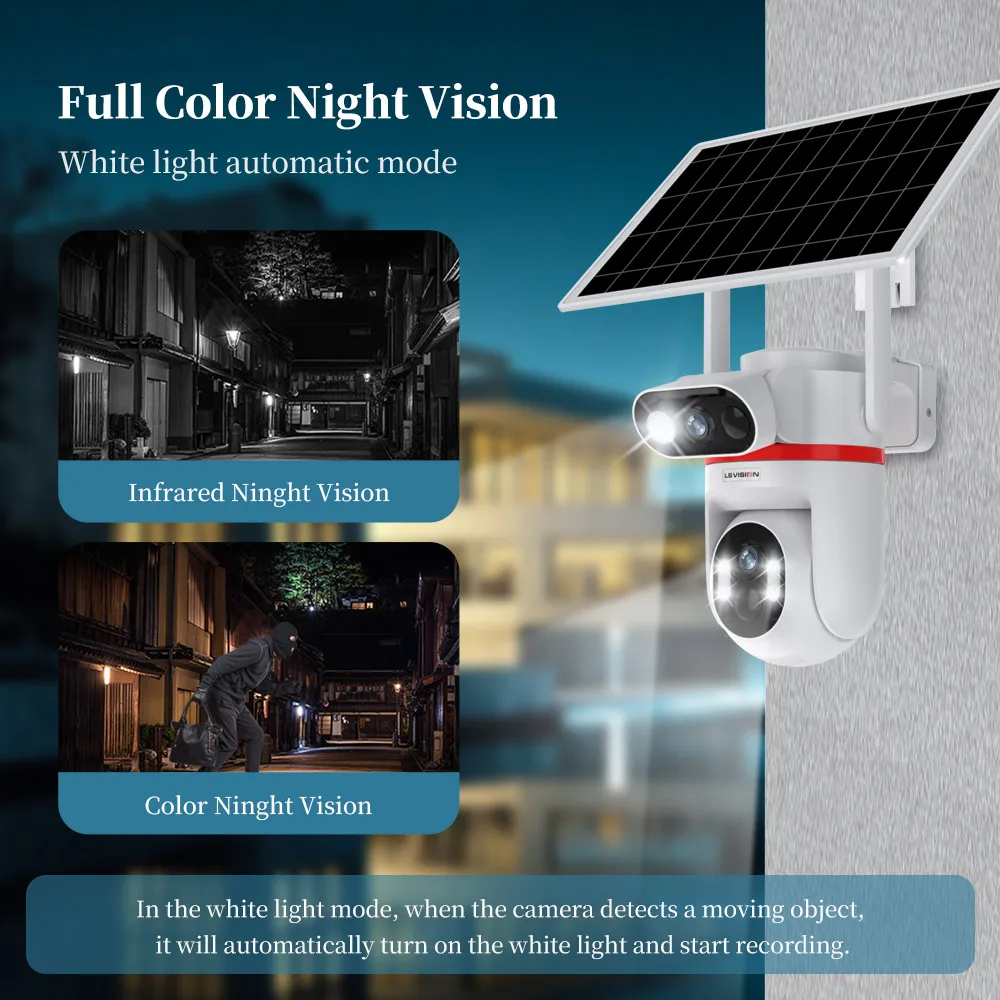 LS VISION 8MP 4G Sim كاميرا الأمن الشمسية شاشات مزدوجة في الهواء الطلق المزدوج PIR كشف الإنسان السيارات تتبع كاميرات CCTV مقاومة للماء
