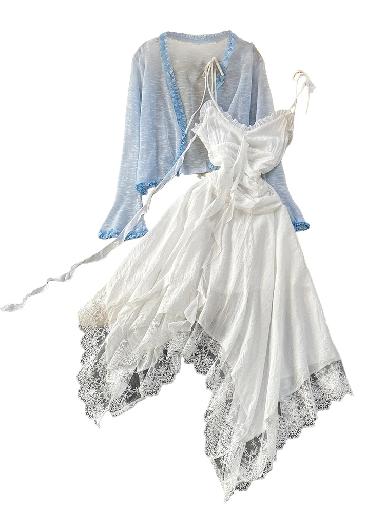 Elegant Lace Trim Ice Silk Knitted Open Cardigan Dress Irregular Length Strapless Dress Versatile Thin Design Fairy Tale Style