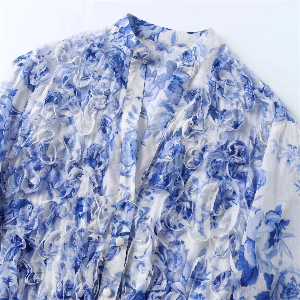 BM&MD&ZA2025summer novo vestido feminino com cinto em camadas estampa decorativa manga longa solto temperamento vestido saia longa