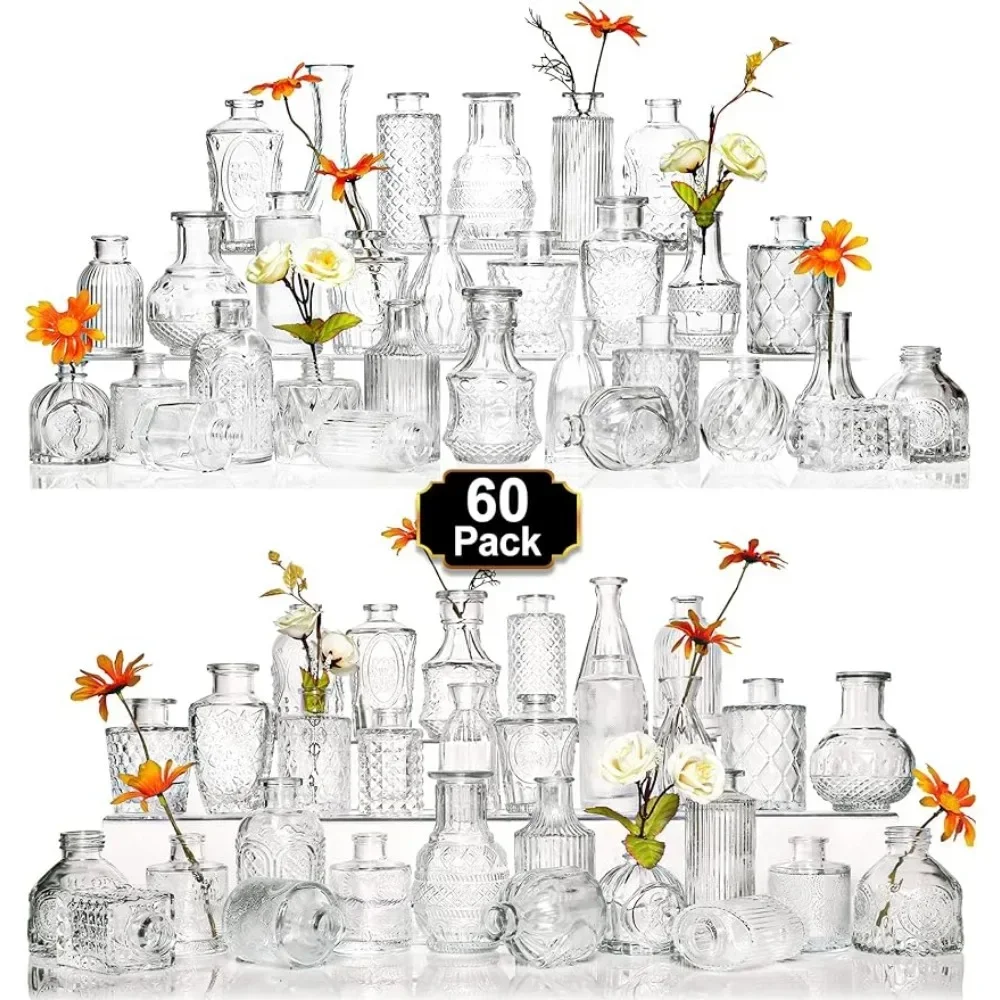 Glass Vase Set of 60 Pcs, Small Clear Glass Bud Vases in Bulk for Flowers, Rustic Wedding Centerpieces and Vintage Decorations