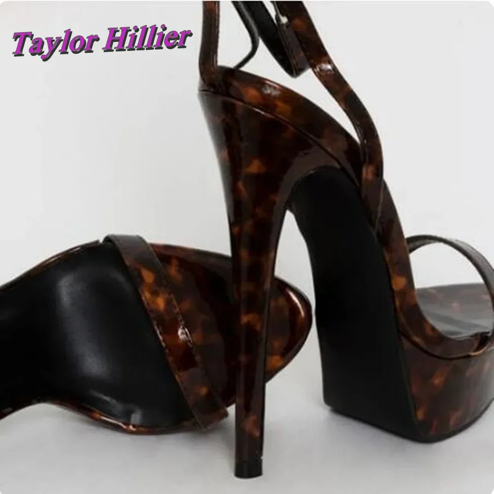 

Sexy Leopard Platform Heeled Sandals Shiny Leather Heels Women Cross Ankle Buckle Summer Sandalias Female Stiletto Dress Shoes