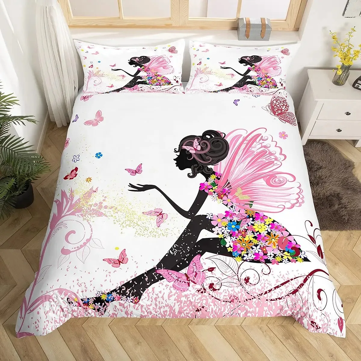 

Romantic Style Duvet Cover Set Fairy Girl Bedding Set,Girls Women Couple Flying Butterflies Decor Fantasy Pink Comforter Cover