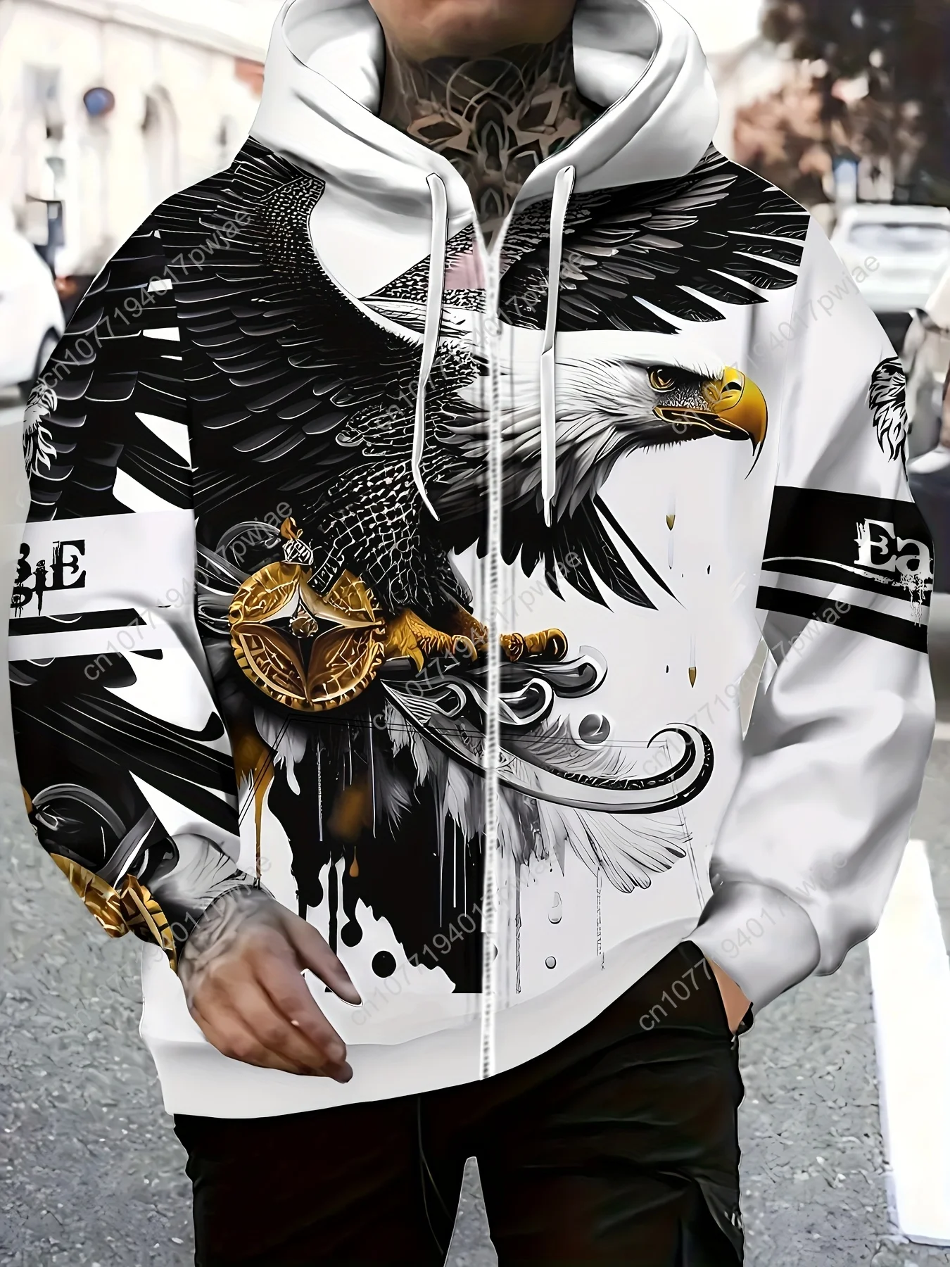 Moletom casual masculino com capuz com estampa Eagle & "Baseball", jaqueta de manga comprida com zíper e cordão e bolsos, preto e branco