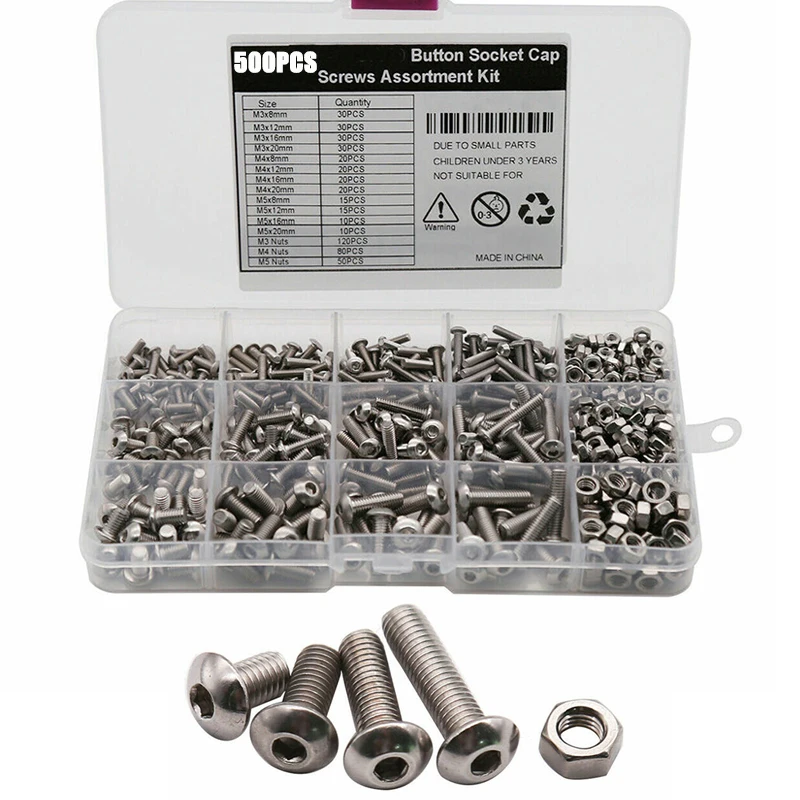500pcs M3 M4 M5 Stainless Steel Hexagon Button Socket Head Cap Screws Nut Bicycle Hex Allen Bolts Assortment Mix Kit